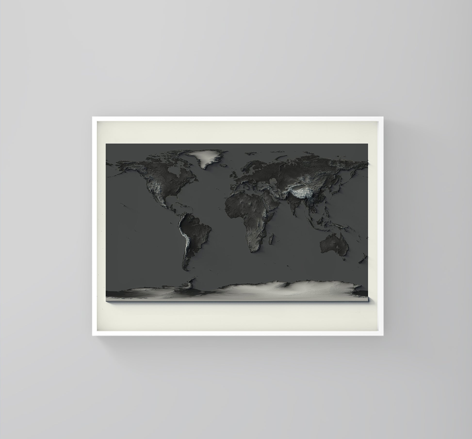World framed shaded relief map with dark tone in white frame. Artistic print highlighting mountains with a realistic 3d effect