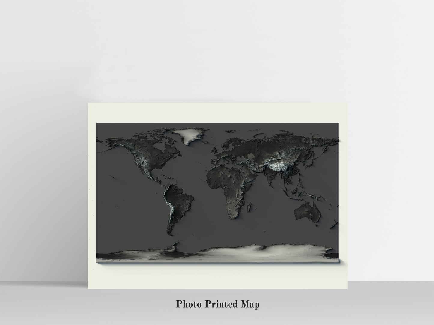 World Map in dark tone. Shaded relief print, highlighting topography. Ideal for home decor and geography lovers