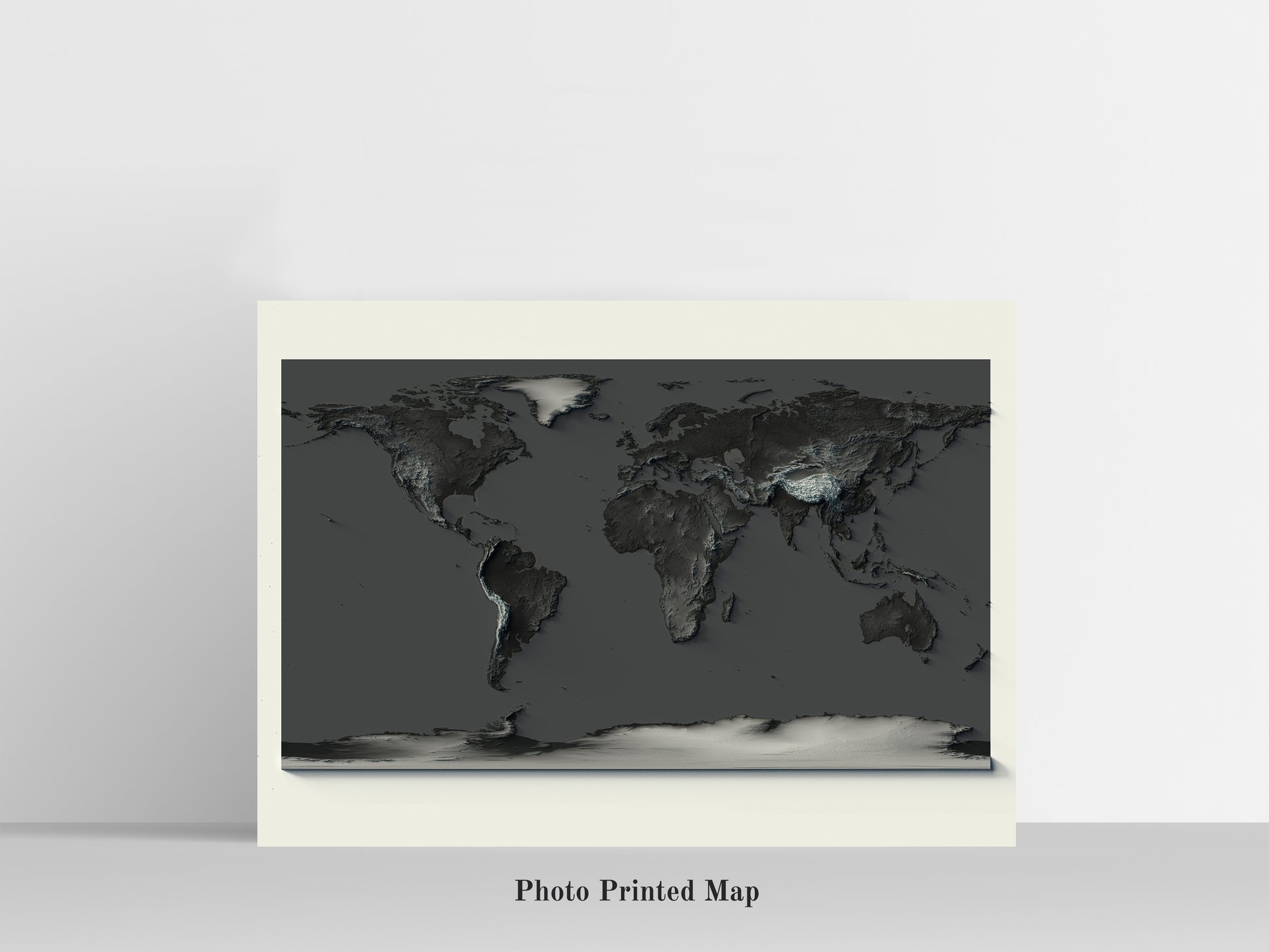 World Map in dark tone. Shaded relief print, highlighting topography. Ideal for home decor and geography lovers