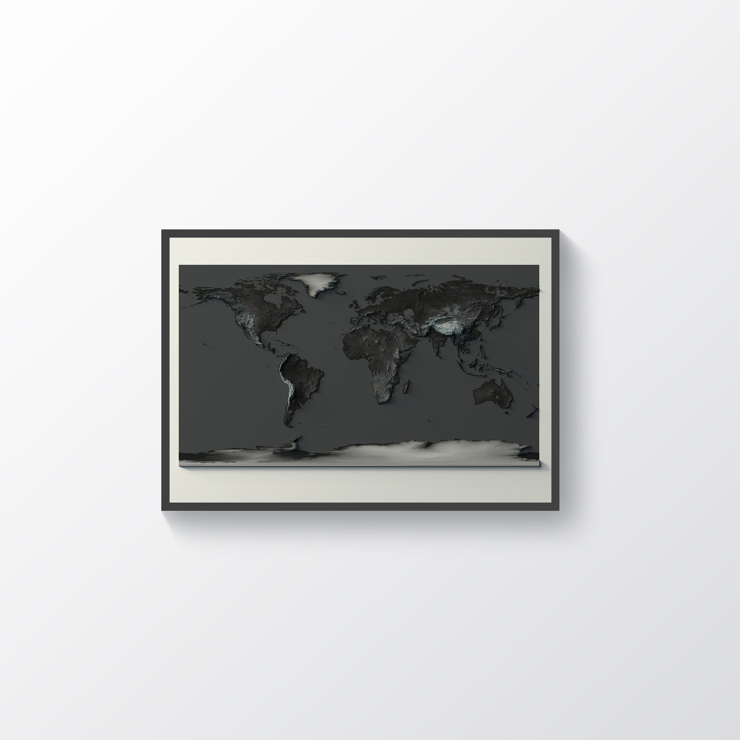 World framed shaded relief map with dark tone in black frame. Artistic print highlighting mountains with a realistic terrain effect