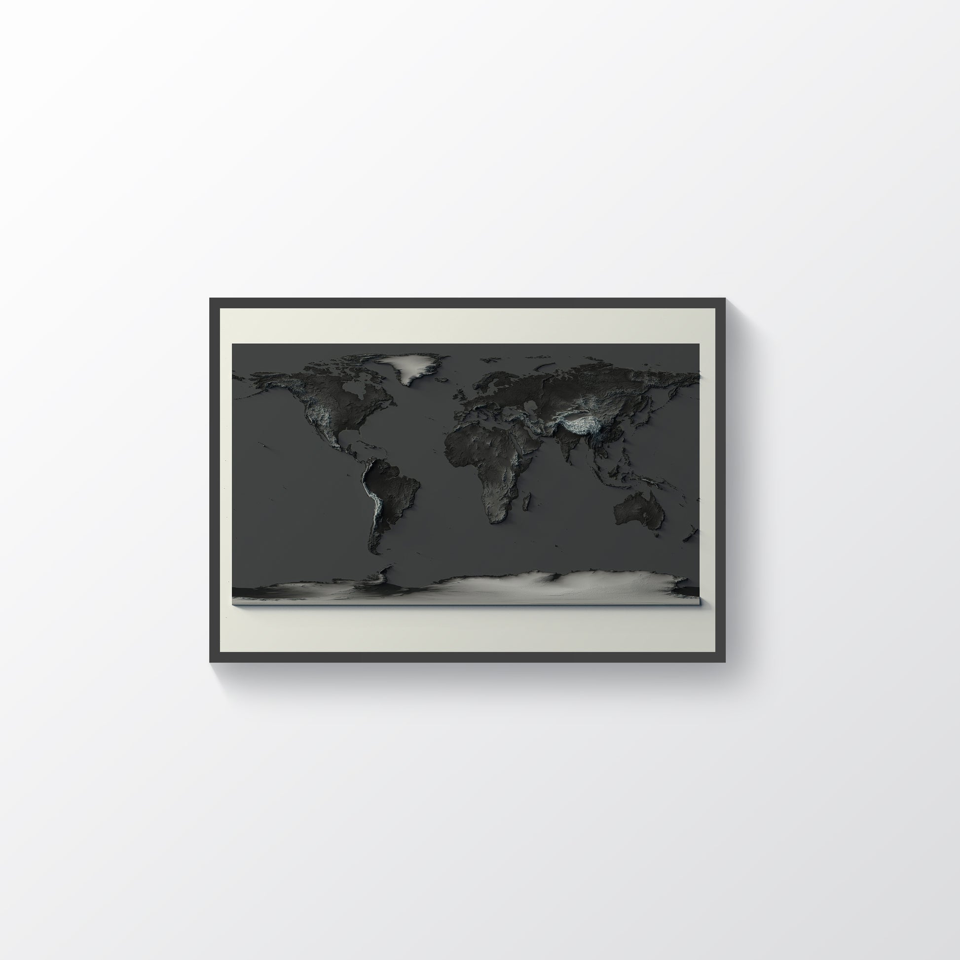 World framed shaded relief map with dark tone in black frame. Artistic print highlighting mountains with a realistic terrain effect
