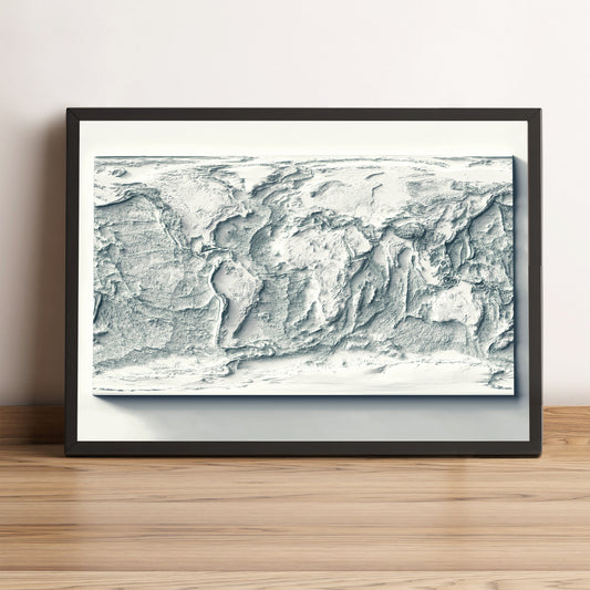 World Bathymetric framed shaded relief map in black frame. Artistic print highlighting mountains with a realistic terrain effect