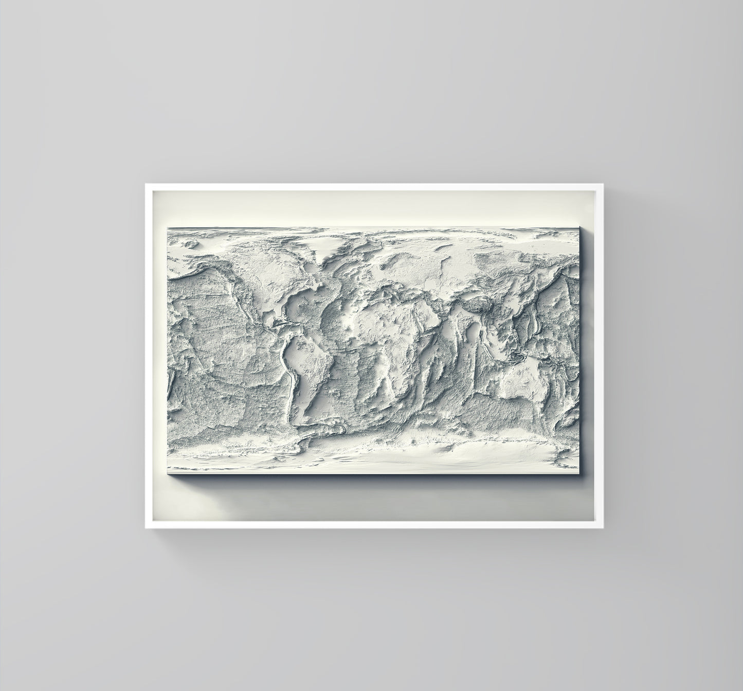 World Bathymetric framed shaded relief map in white frame. Artistic print highlighting mountains with a realistic 3d effect