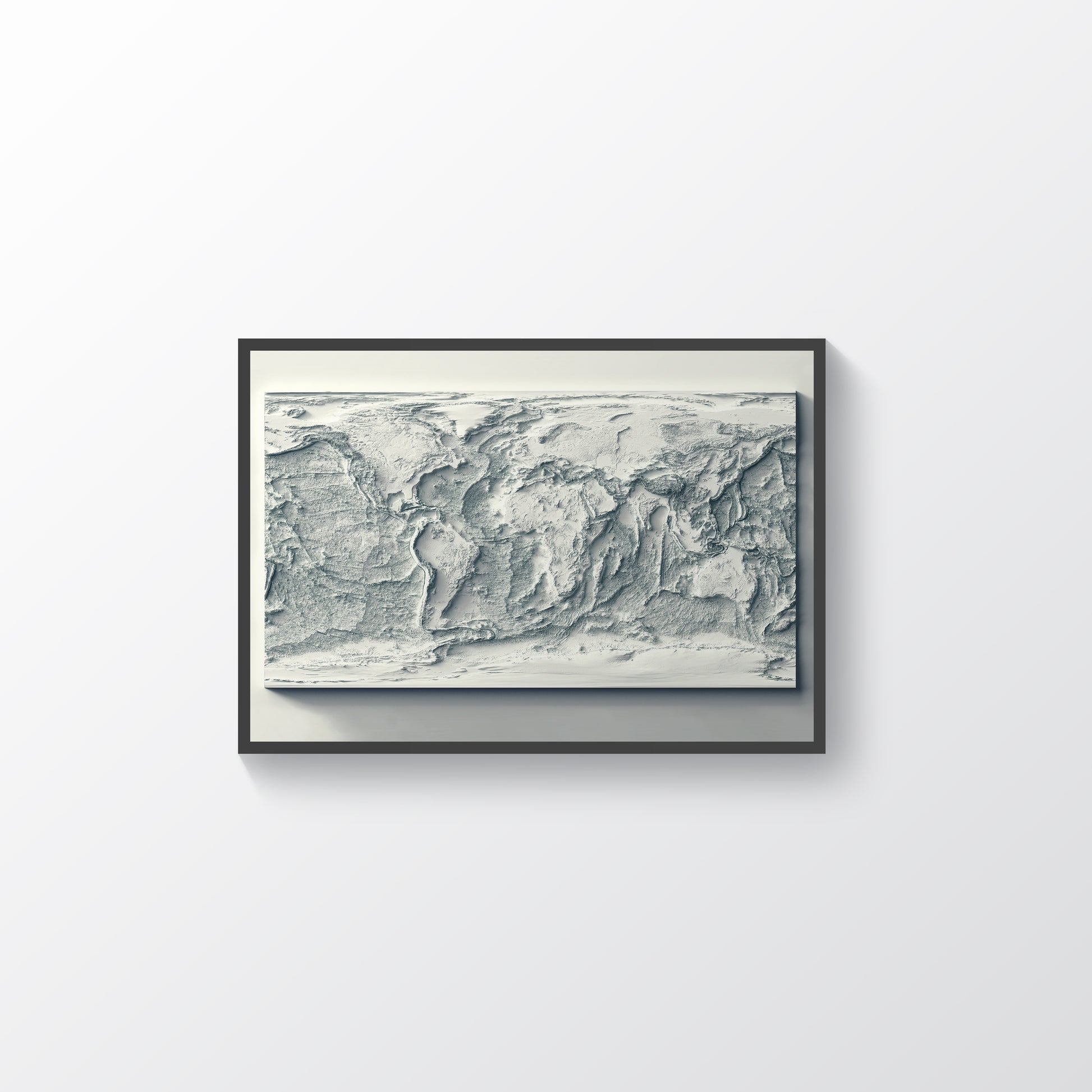 World Bathymetric framed shaded relief map in black frame. Artistic print highlighting mountains with a realistic terrain effect