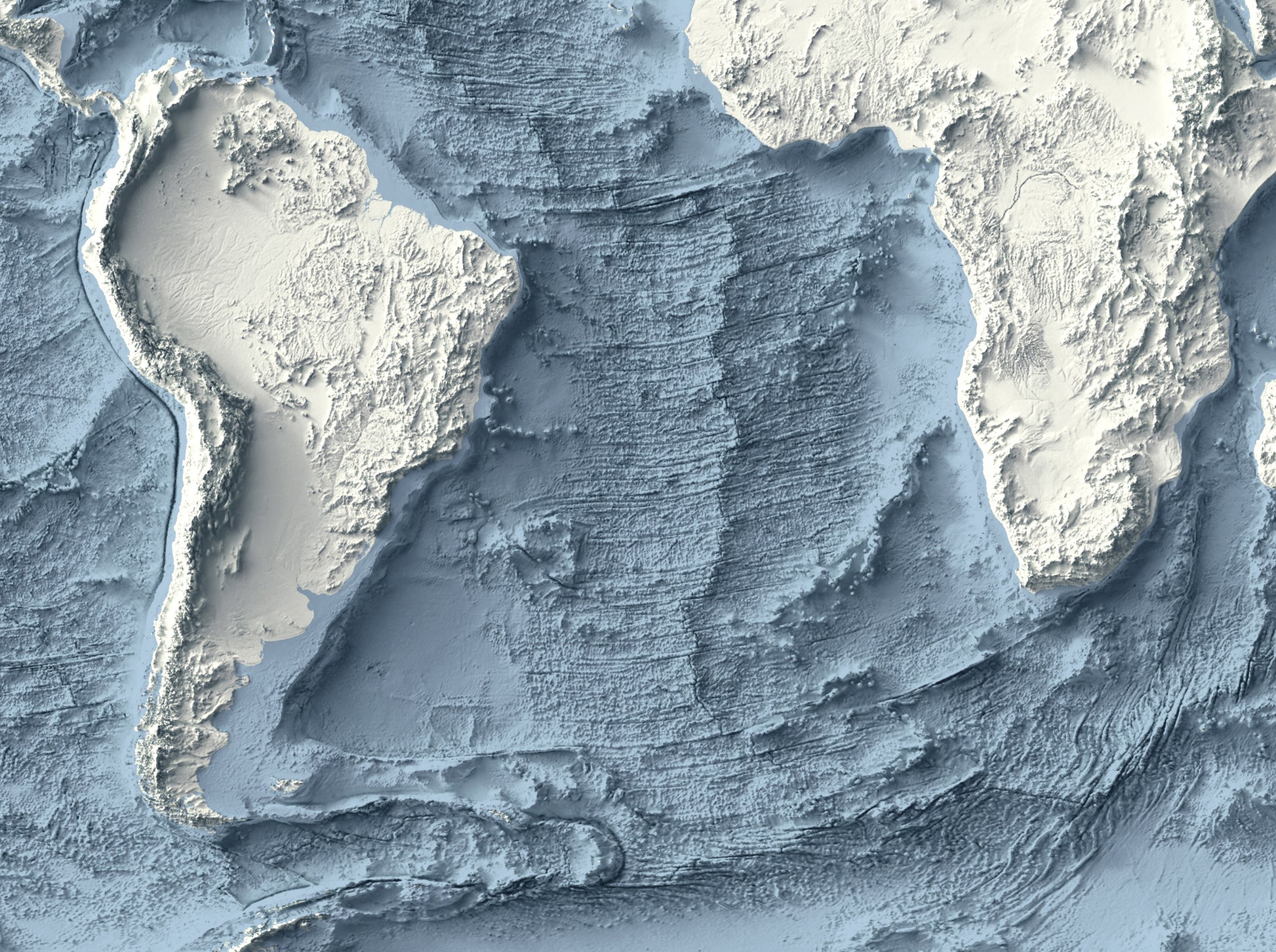Detailed close-up of a World Bathymetric relief map, showcasing textured topography and geographic contours
