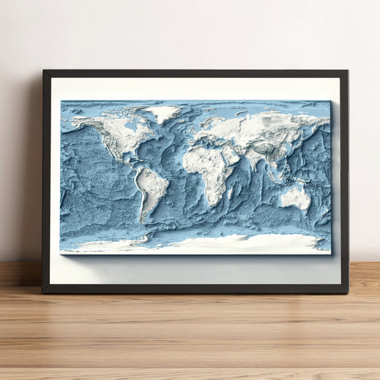 World Bathymetric framed shaded relief map in black frame. Artistic print highlighting mountains with a realistic terrain effect