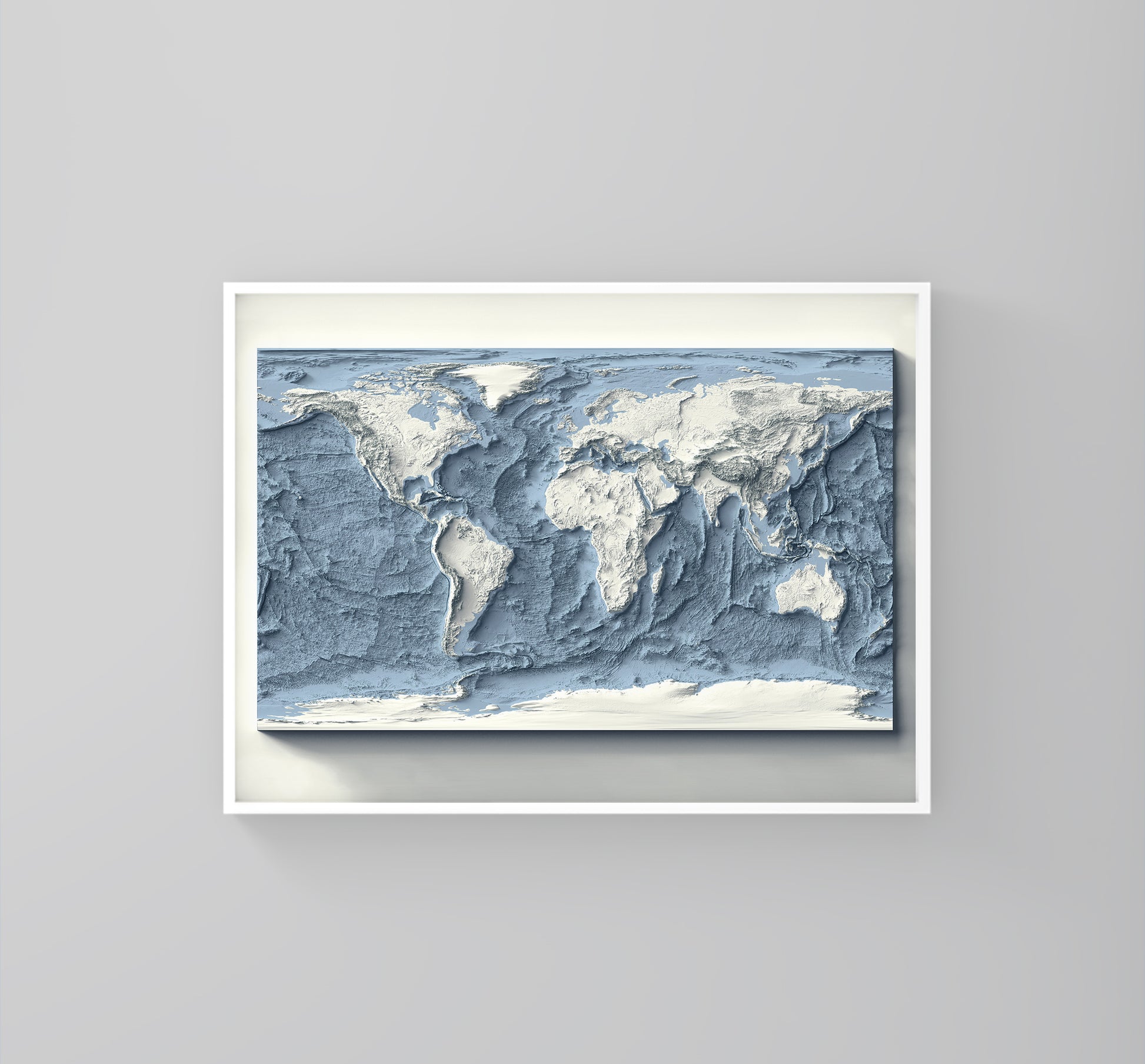 World Bathymetric framed shaded relief map in white frame. Artistic print highlighting mountains with a realistic 3d effect