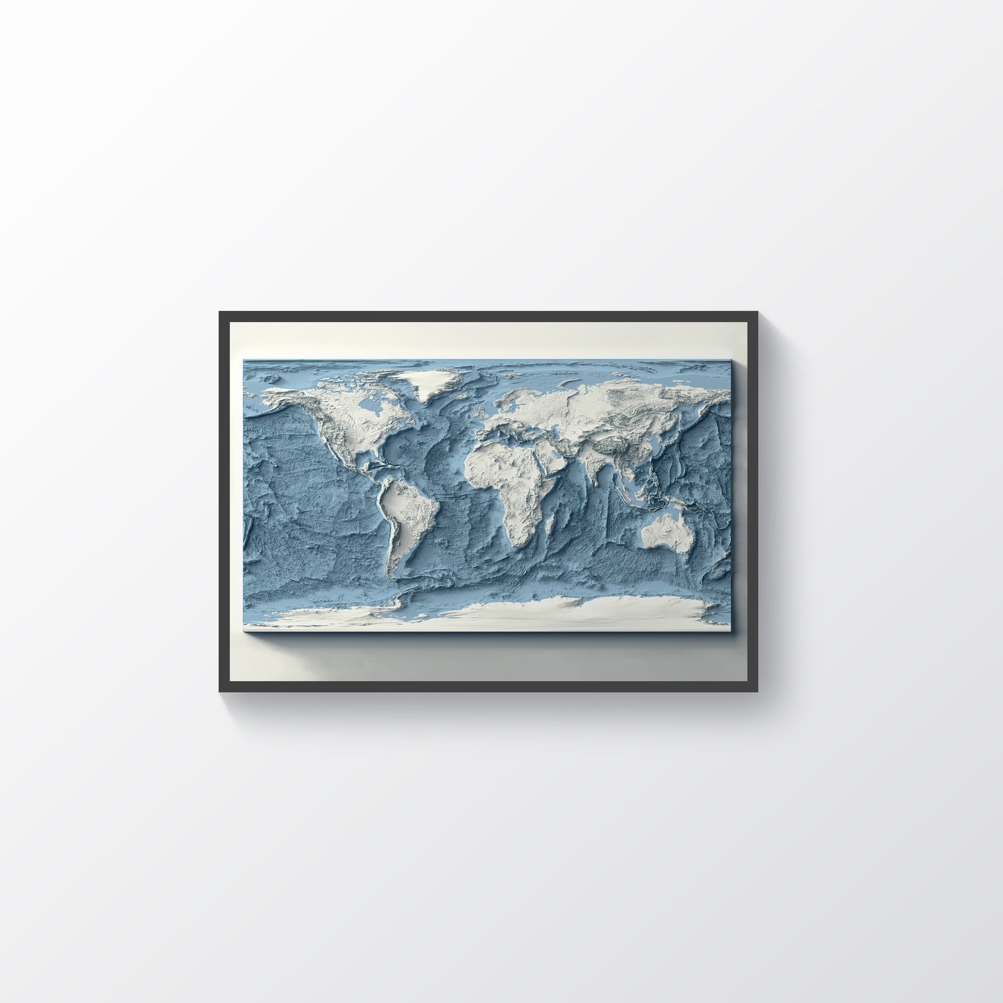 World Bathymetric framed shaded relief map in black frame. Artistic print highlighting mountains with a realistic terrain effect