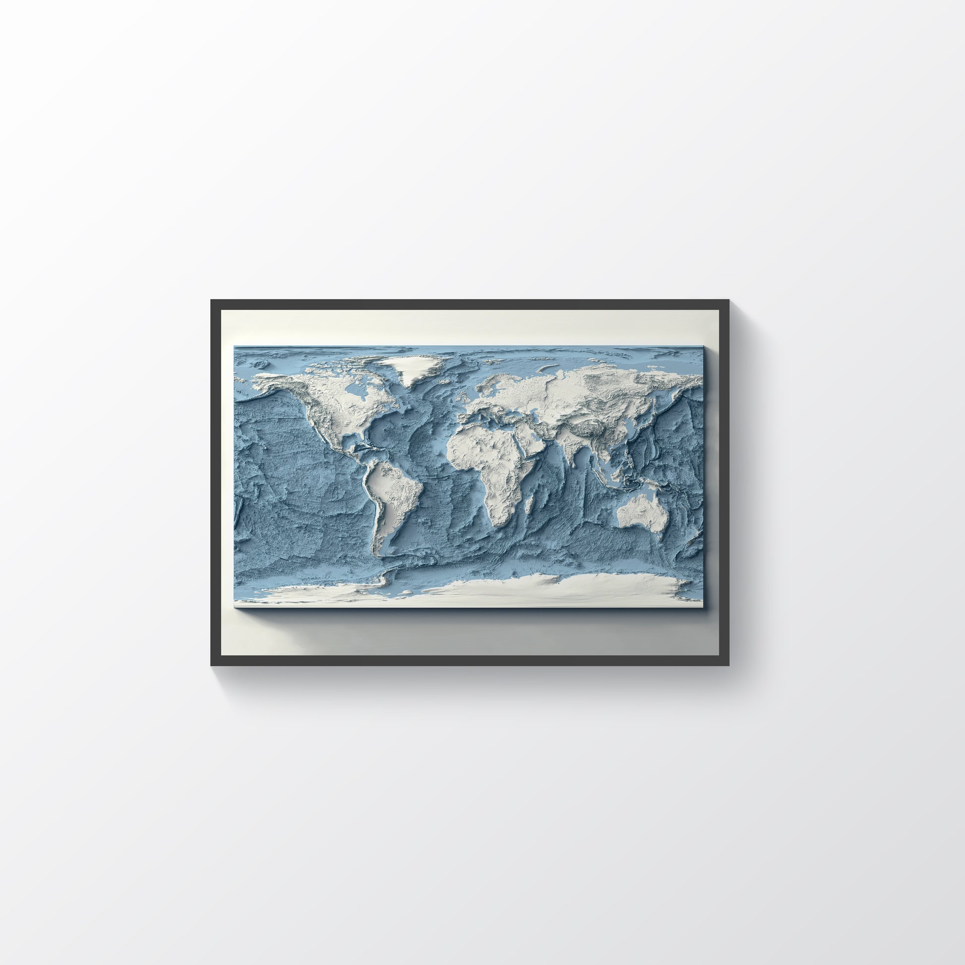 World Bathymetric framed shaded relief map in black frame. Artistic print highlighting mountains with a realistic terrain effect