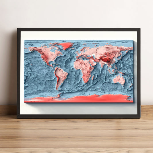 World Bathymetric framed shaded relief map in black frame. Artistic print highlighting mountains with a realistic terrain effect