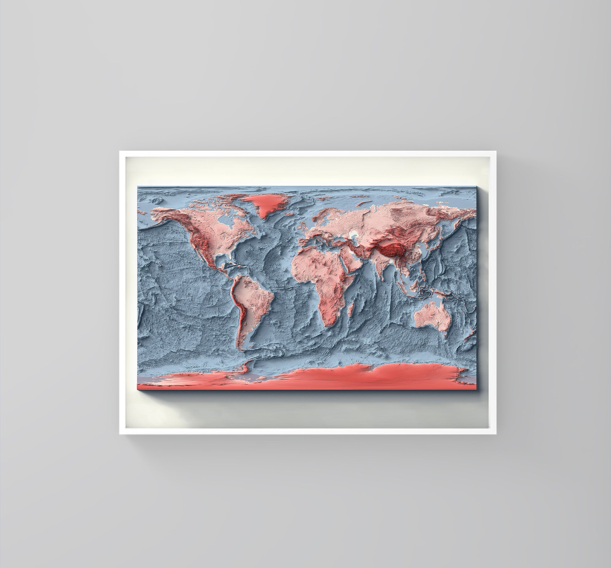 World Bathymetric framed shaded relief map in white frame. Artistic print highlighting mountains with a realistic 3d effect