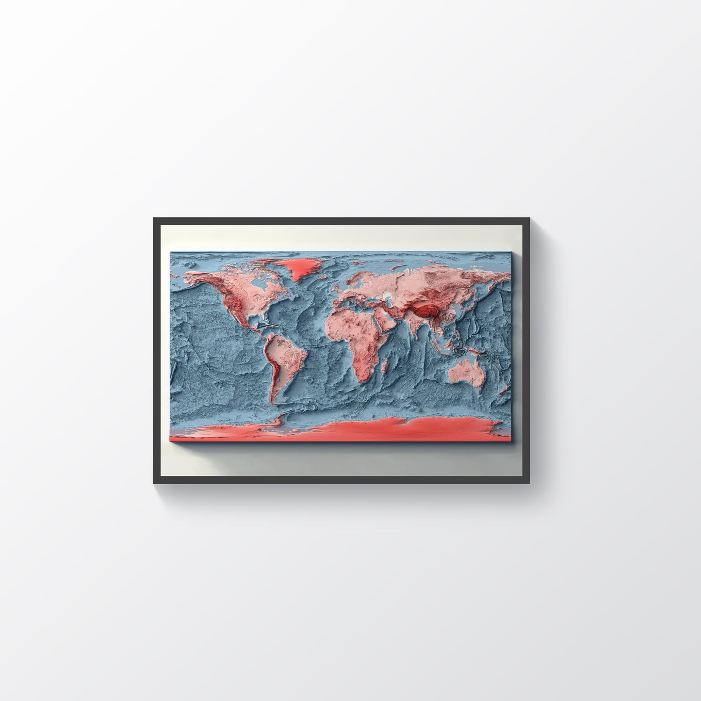 World Bathymetric framed shaded relief map in black frame. Artistic print highlighting mountains with a realistic terrain effect