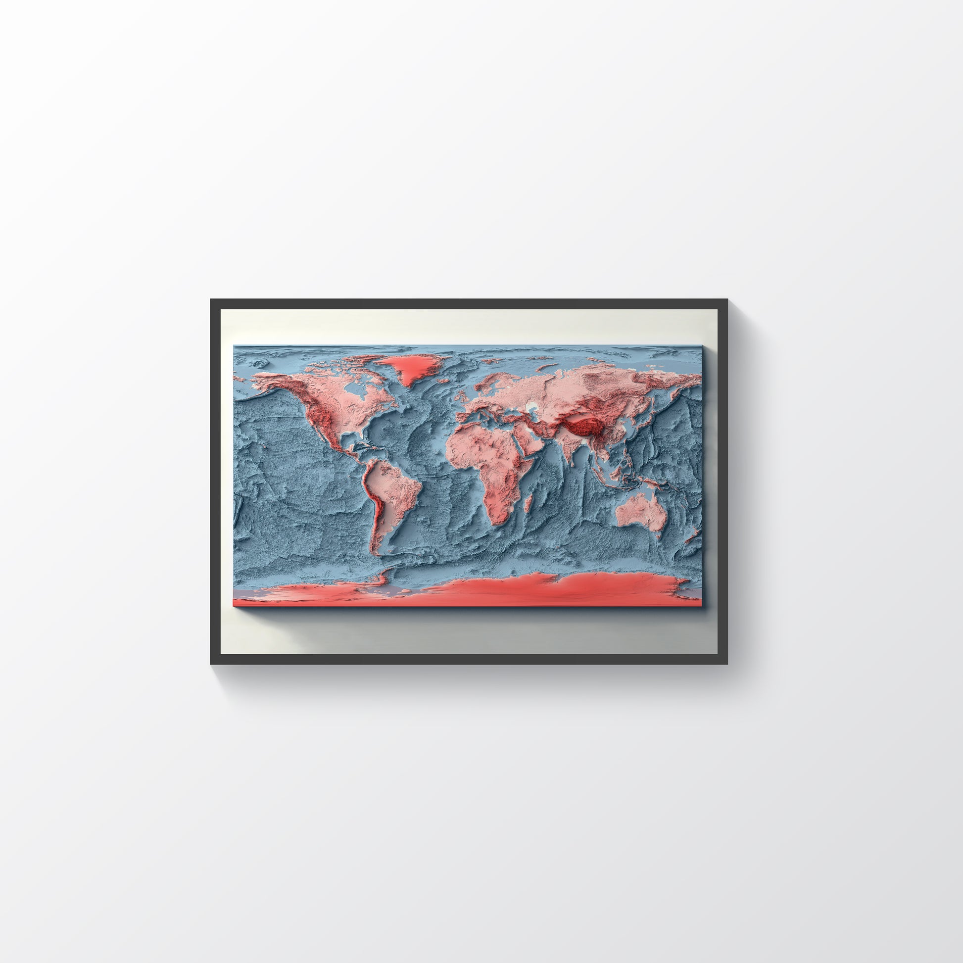 World Bathymetric framed shaded relief map in black frame. Artistic print highlighting mountains with a realistic terrain effect