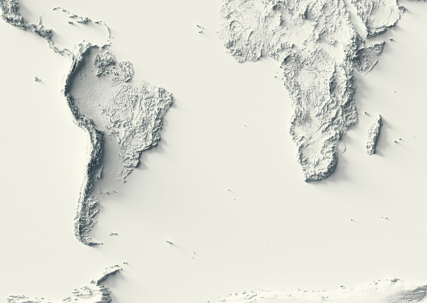 Detailed close-up of a World relief map, showcasing textured topography and geographic contours