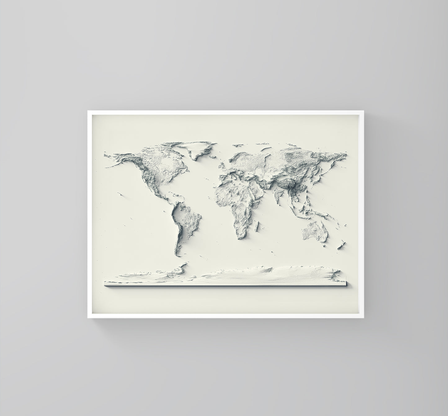 World framed shaded relief map in white frame. Artistic print highlighting mountains with a realistic 3d effect
