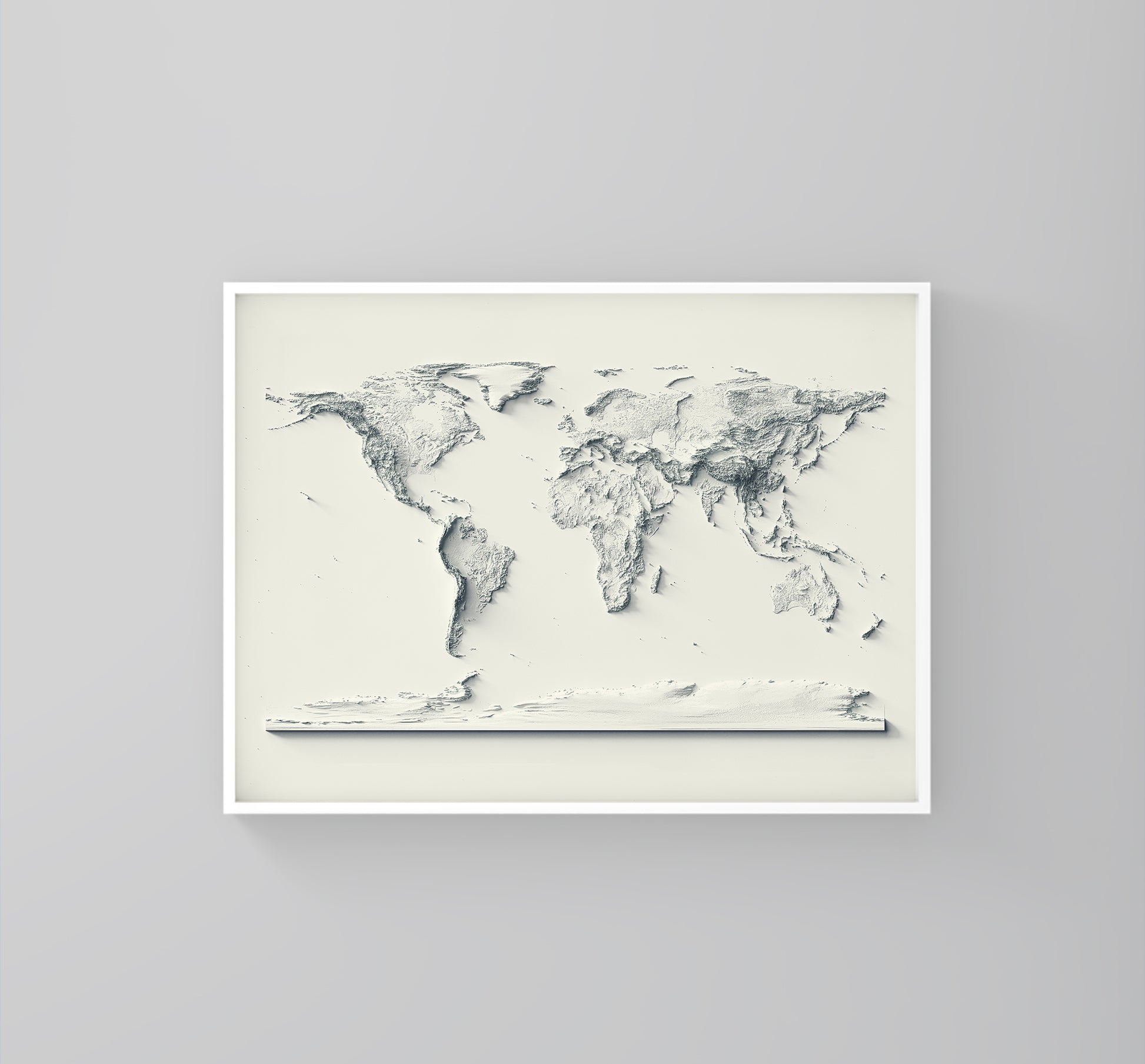 World framed shaded relief map in white frame. Artistic print highlighting mountains with a realistic 3d effect