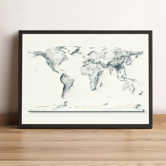 World framed shaded relief map in black frame. Artistic print highlighting mountains with a realistic terrain effect