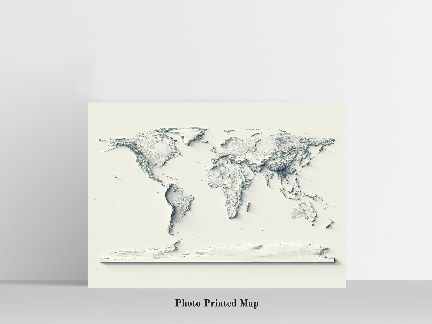 World Map. Shaded relief print, highlighting topography. Ideal for home decor and geography lovers