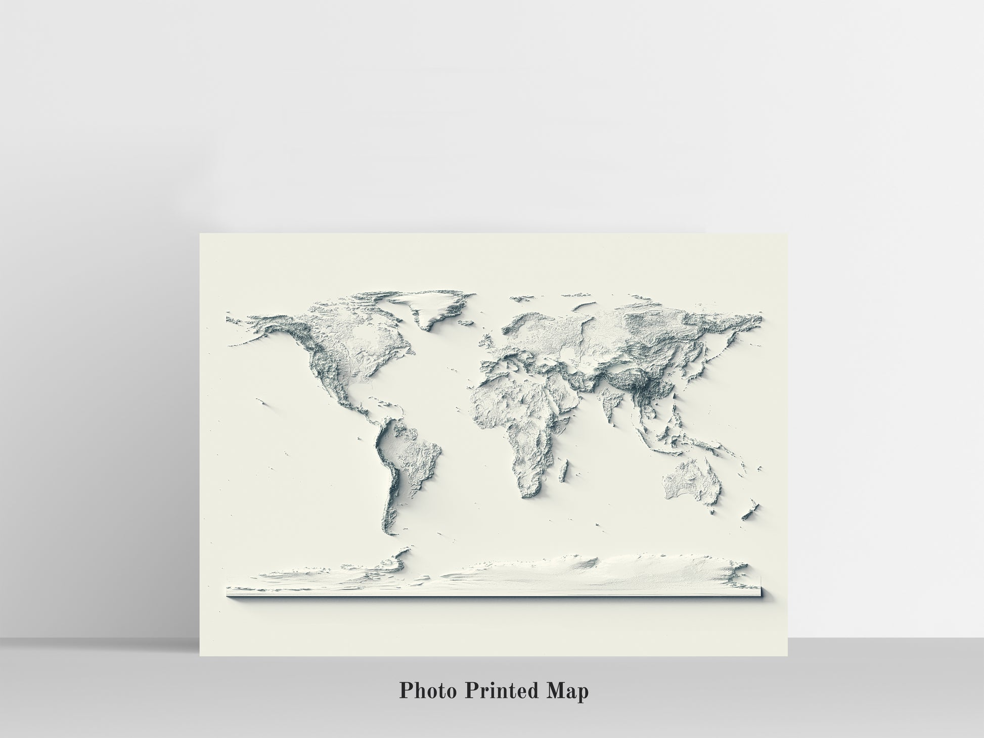 World Map. Shaded relief print, highlighting topography. Ideal for home decor and geography lovers
