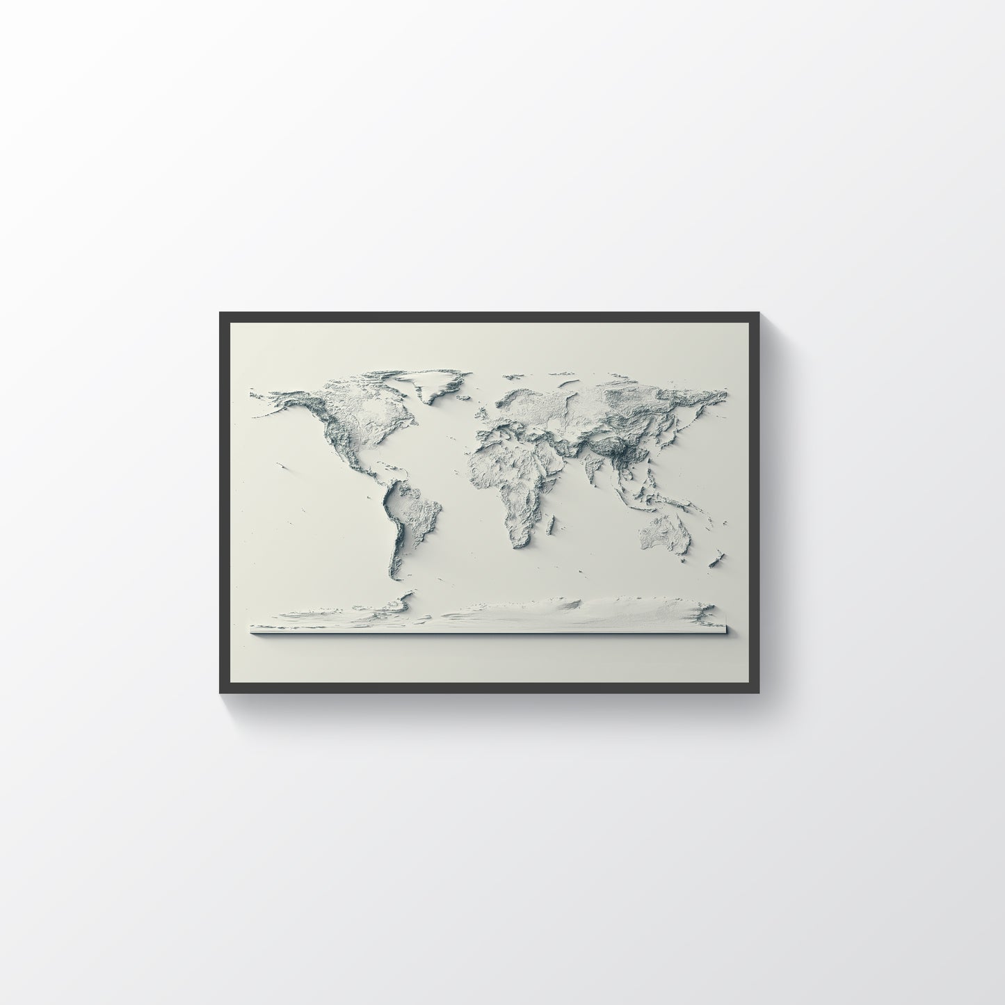 World framed shaded relief map in black frame. Artistic print highlighting mountains with a realistic terrain effect