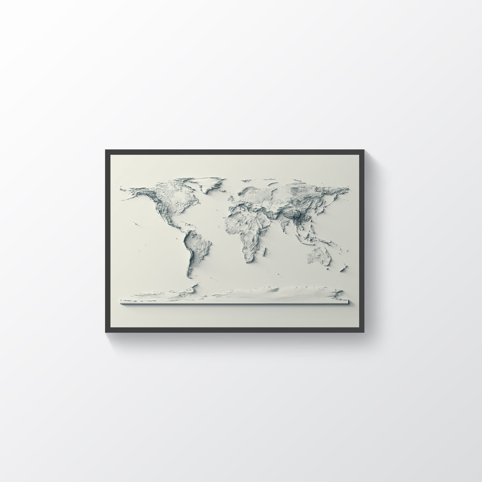 World framed shaded relief map in black frame. Artistic print highlighting mountains with a realistic terrain effect