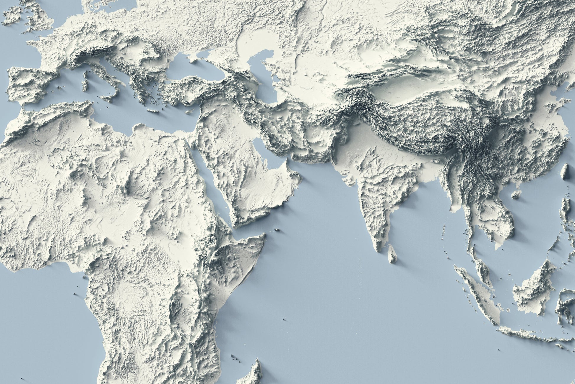 Detailed close-up of a World relief map with blue ocean, showcasing textured topography and geographic contours