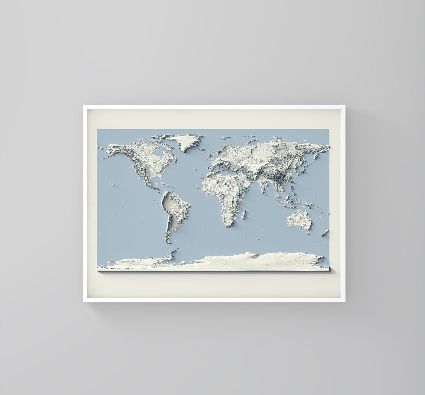 World framed shaded relief map and blue ocean in white frame. Artistic print highlighting mountains with a realistic 3d effect
