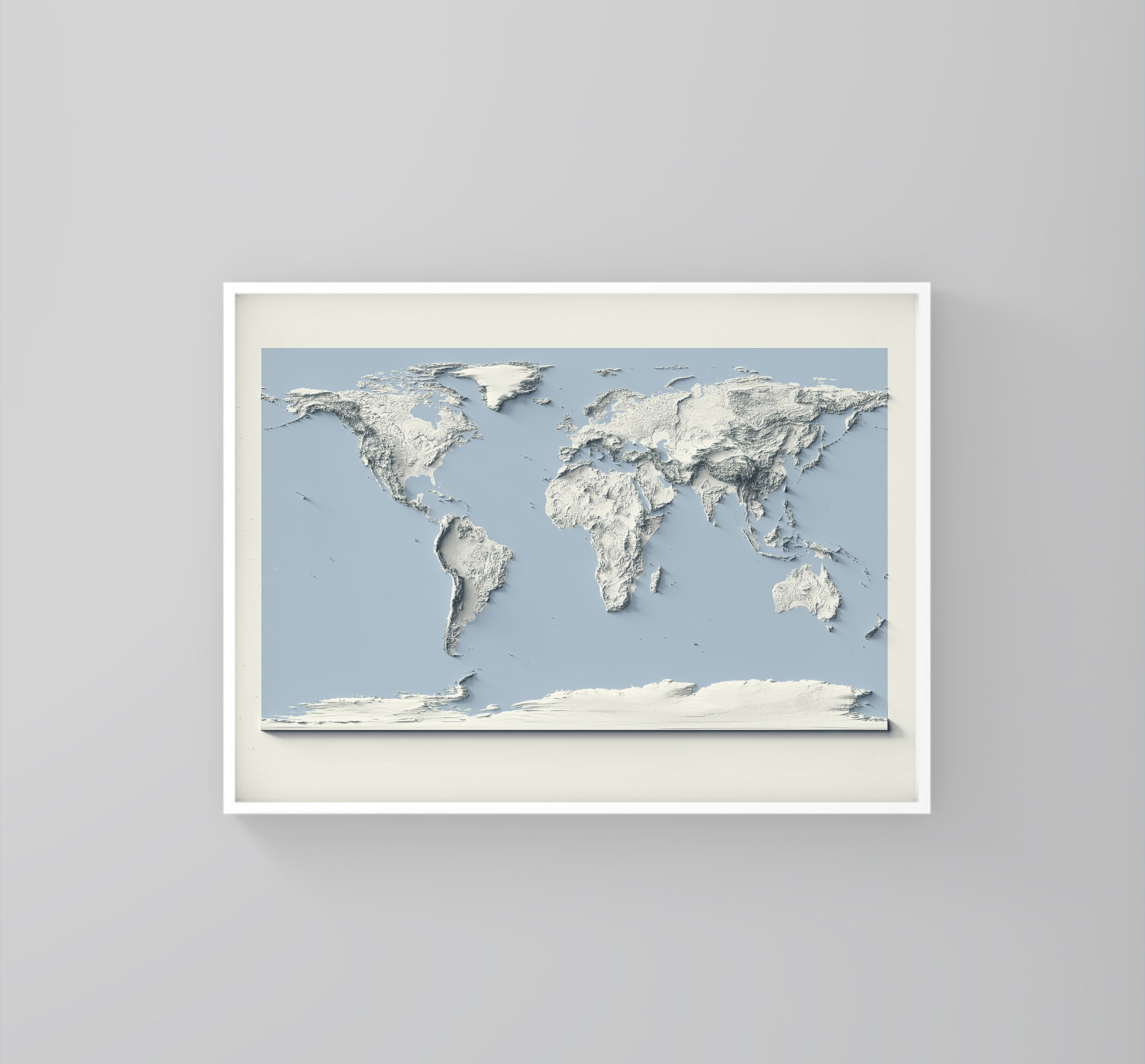 World framed shaded relief map and blue ocean in white frame. Artistic print highlighting mountains with a realistic 3d effect