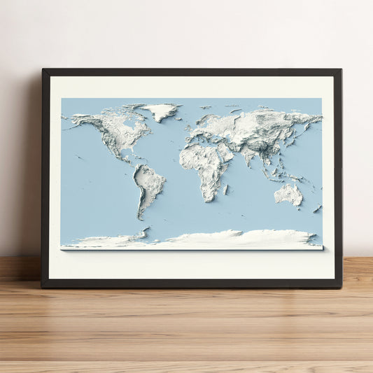 World framed shaded relief map and blue ocean in black frame. Artistic print highlighting mountains with a realistic terrain effect