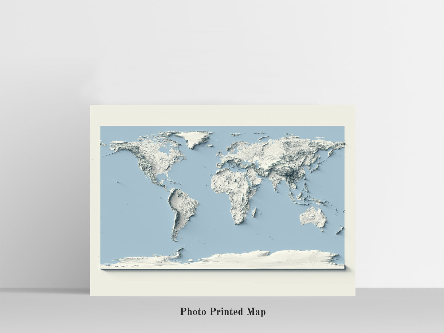 World Map and blue ocean tone. Shaded relief print, highlighting topography. Ideal for home decor and geography lovers