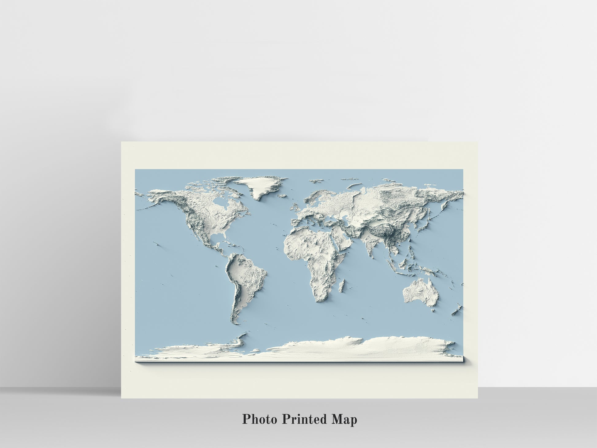 World Map and blue ocean tone. Shaded relief print, highlighting topography. Ideal for home decor and geography lovers