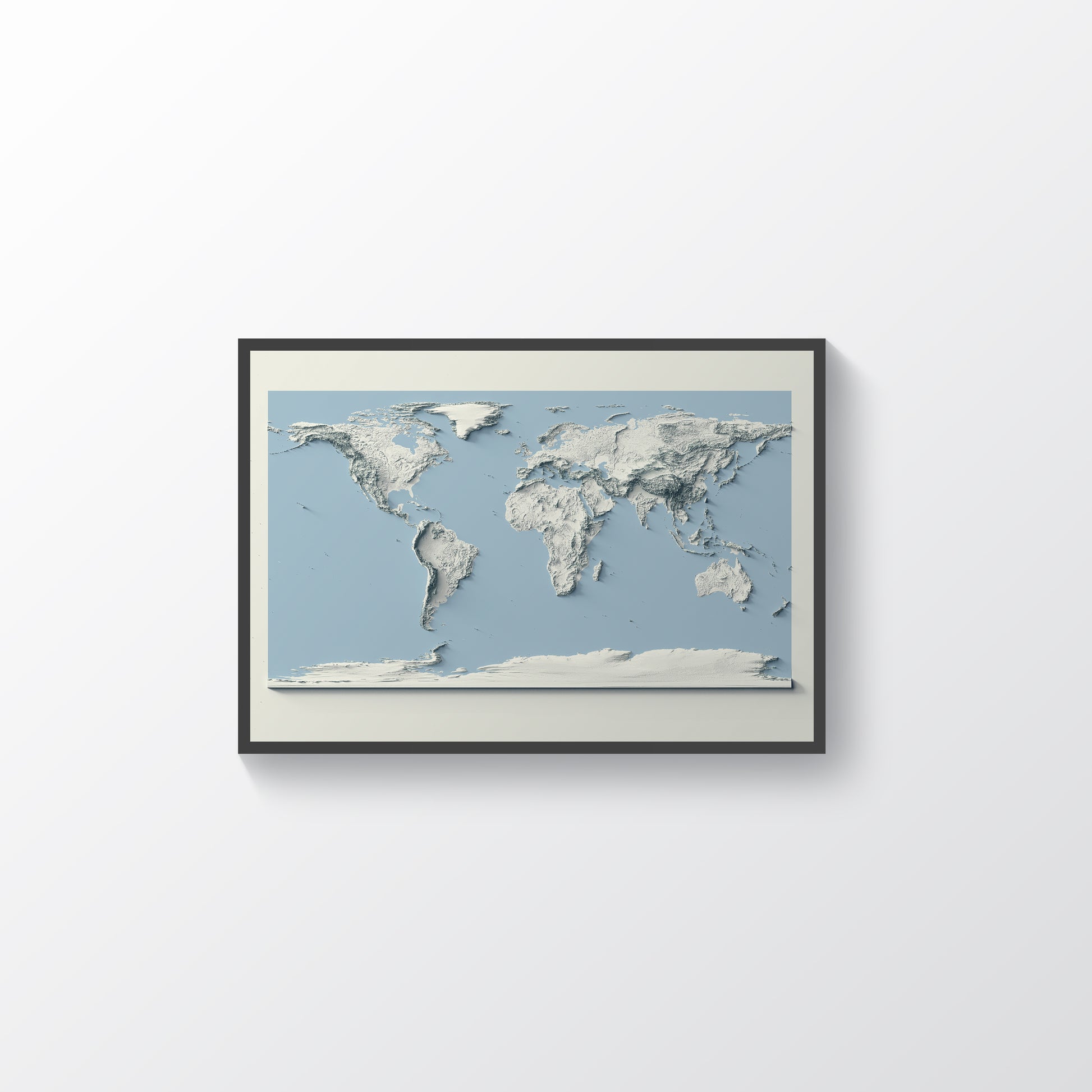 World framed shaded relief map and blue ocean in black frame. Artistic print highlighting mountains with a realistic terrain effect