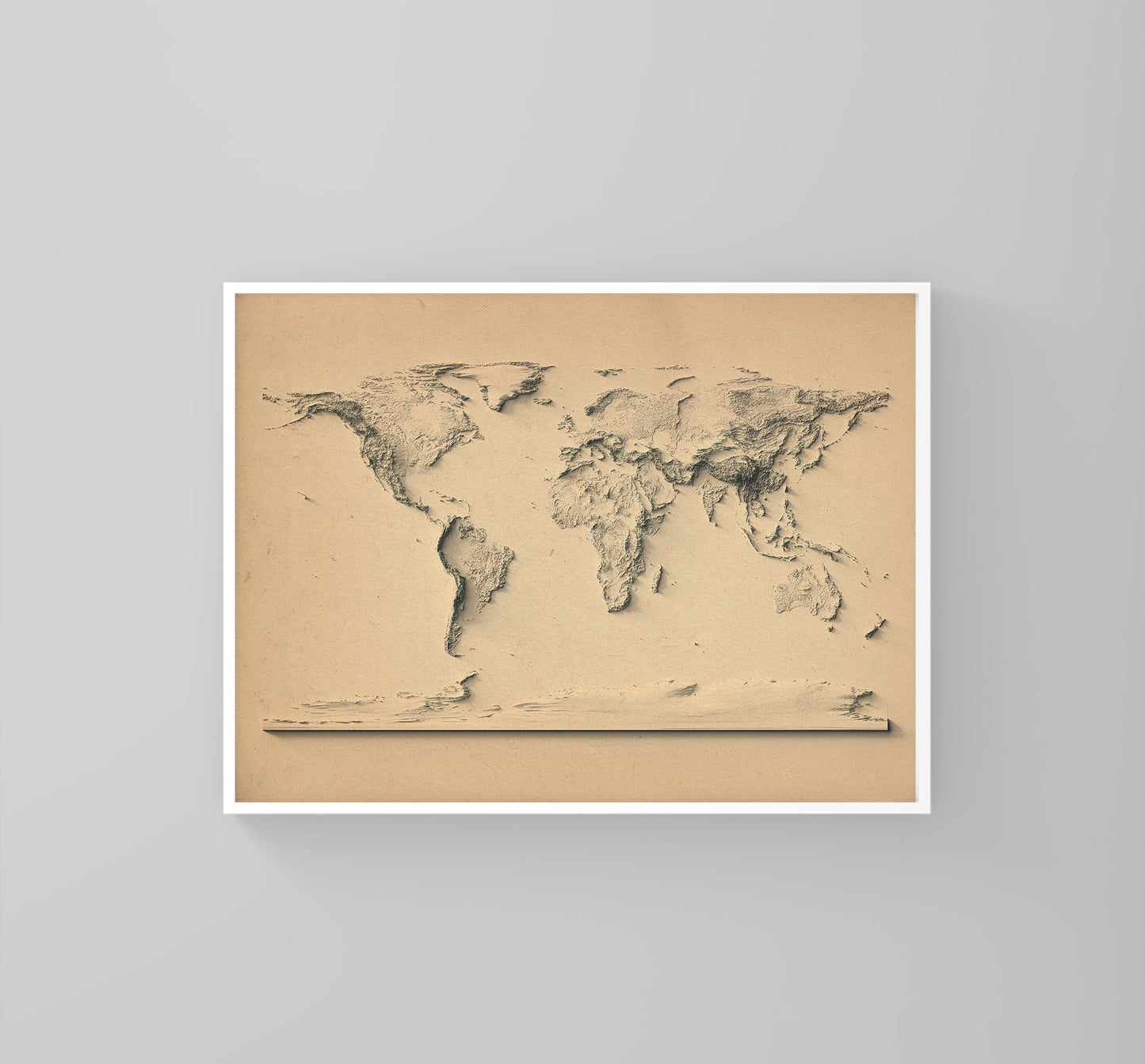 World vintage framed shaded relief map in white frame. Artistic print highlighting mountains with a realistic 3d effect