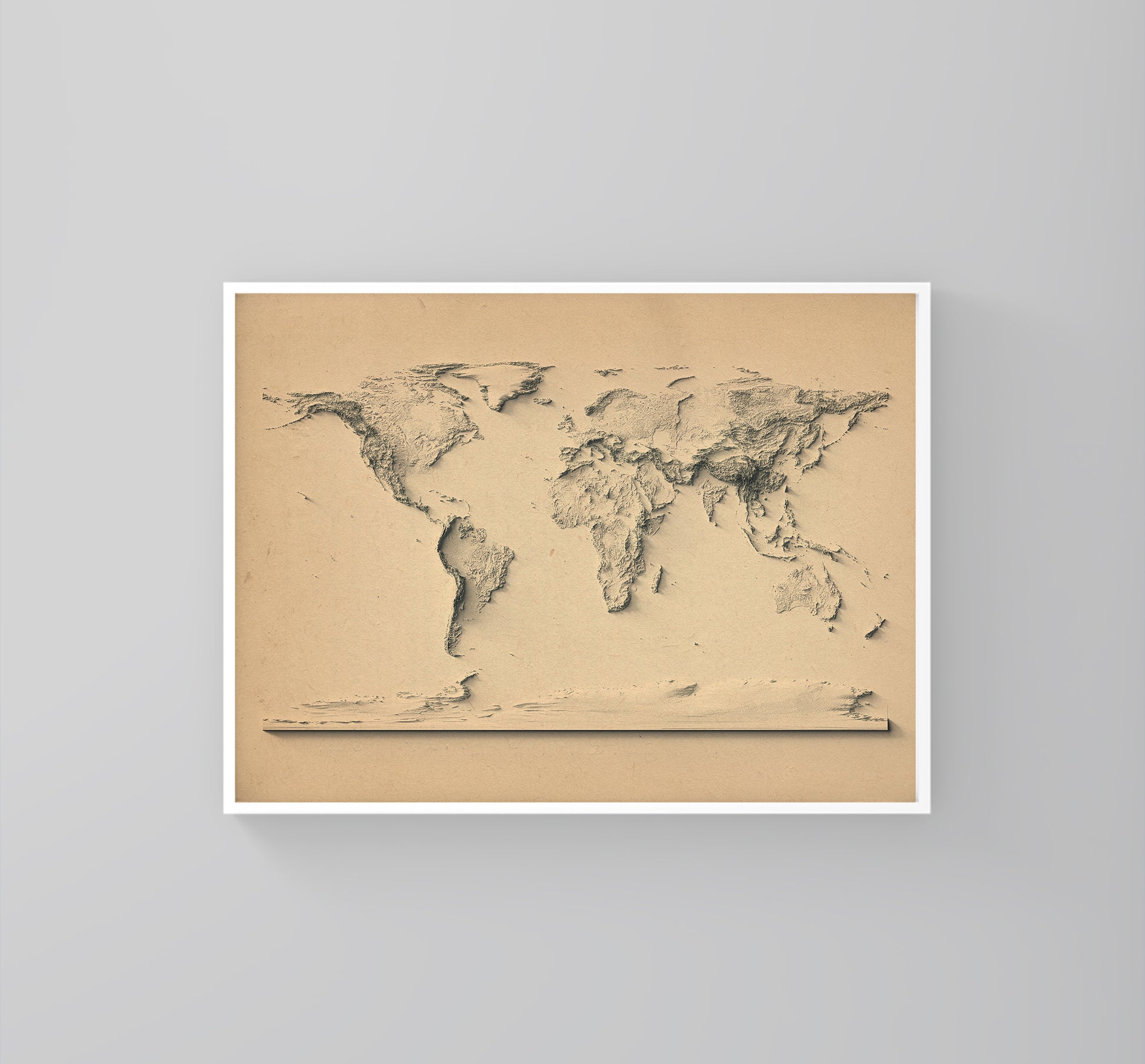 World vintage framed shaded relief map in white frame. Artistic print highlighting mountains with a realistic 3d effect