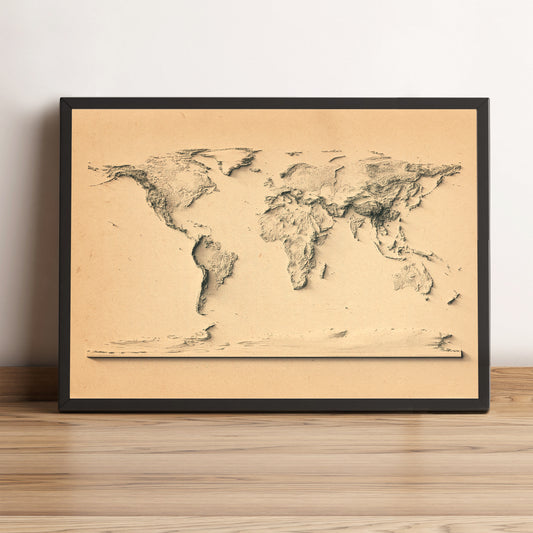 World vintage framed shaded relief map in black frame. Artistic print highlighting mountains with a realistic terrain effect