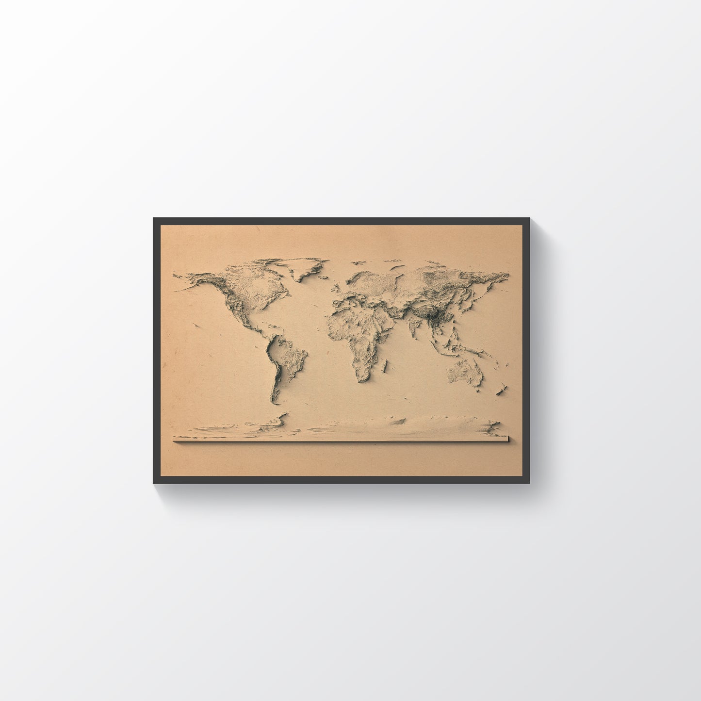 World vintage framed shaded relief map in black frame. Artistic print highlighting mountains with a realistic terrain effect