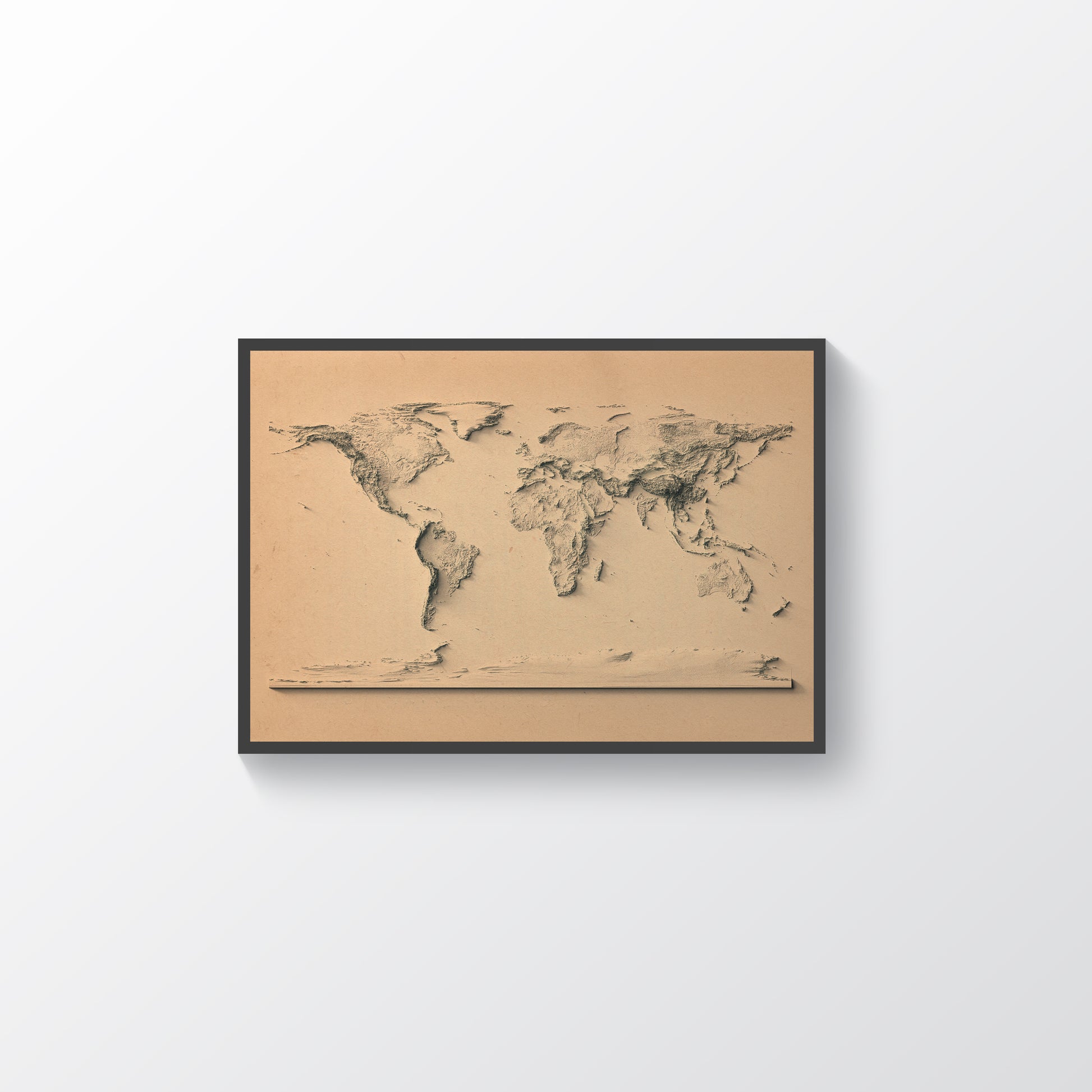 World vintage framed shaded relief map in black frame. Artistic print highlighting mountains with a realistic terrain effect