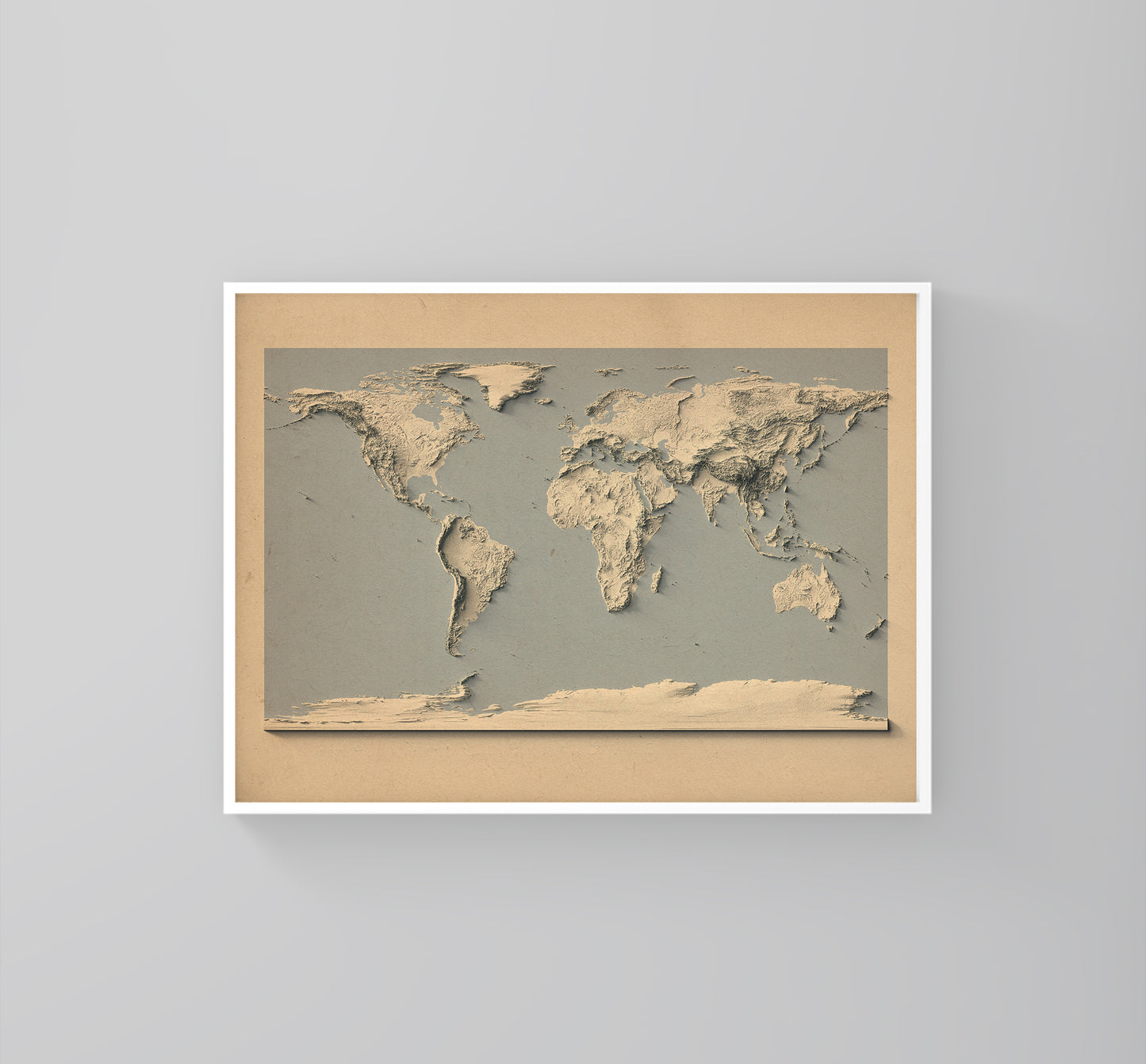 World vintage framed shaded relief map and blue ocean in white frame. Artistic print highlighting mountains with a realistic 3d effect