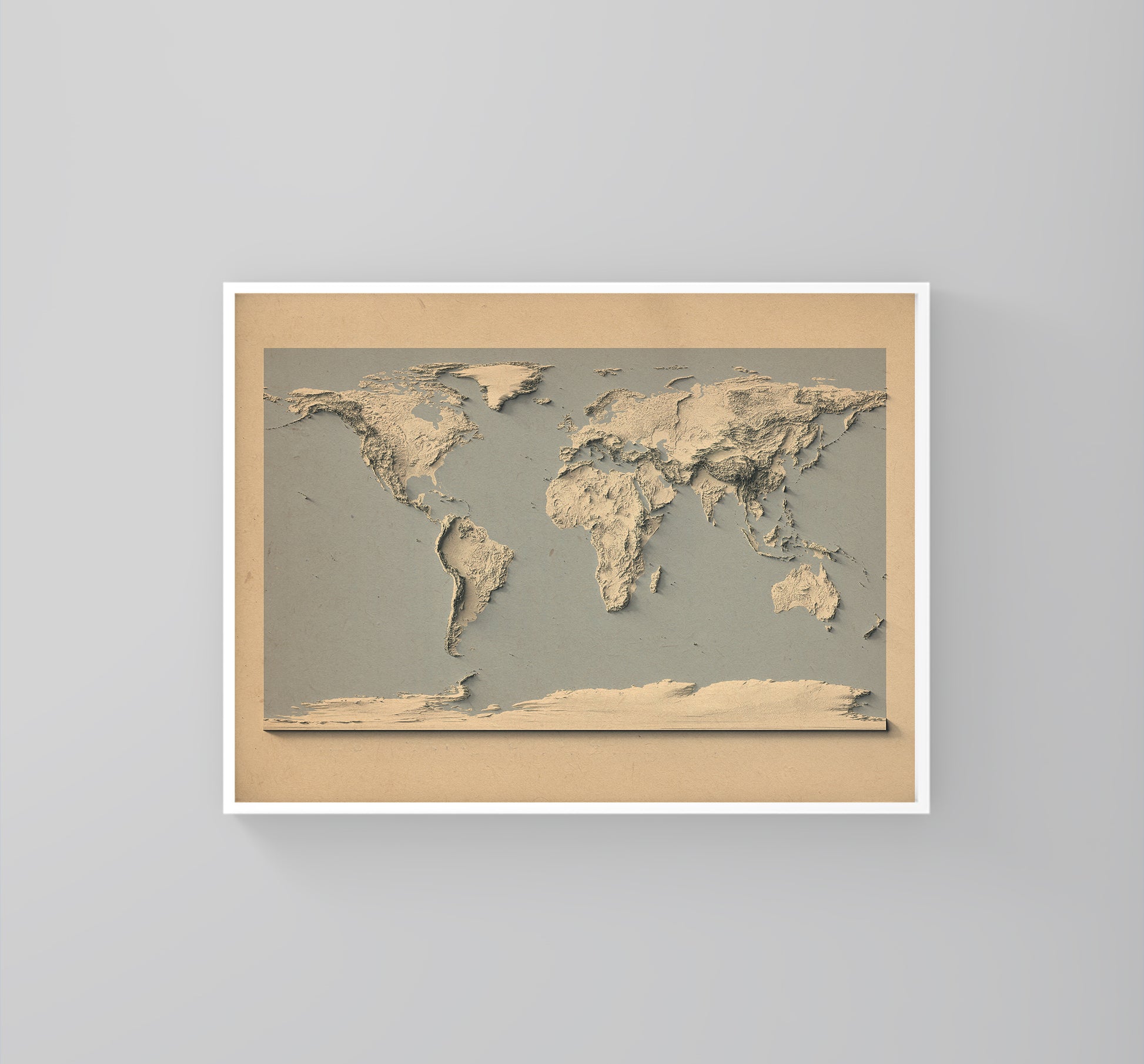 World vintage framed shaded relief map and blue ocean in white frame. Artistic print highlighting mountains with a realistic 3d effect