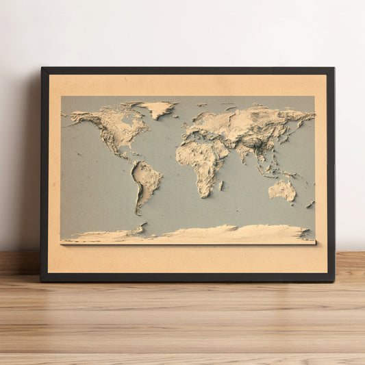 World vintage framed shaded relief map and blue ocean in black frame. Artistic print highlighting mountains with a realistic terrain effect