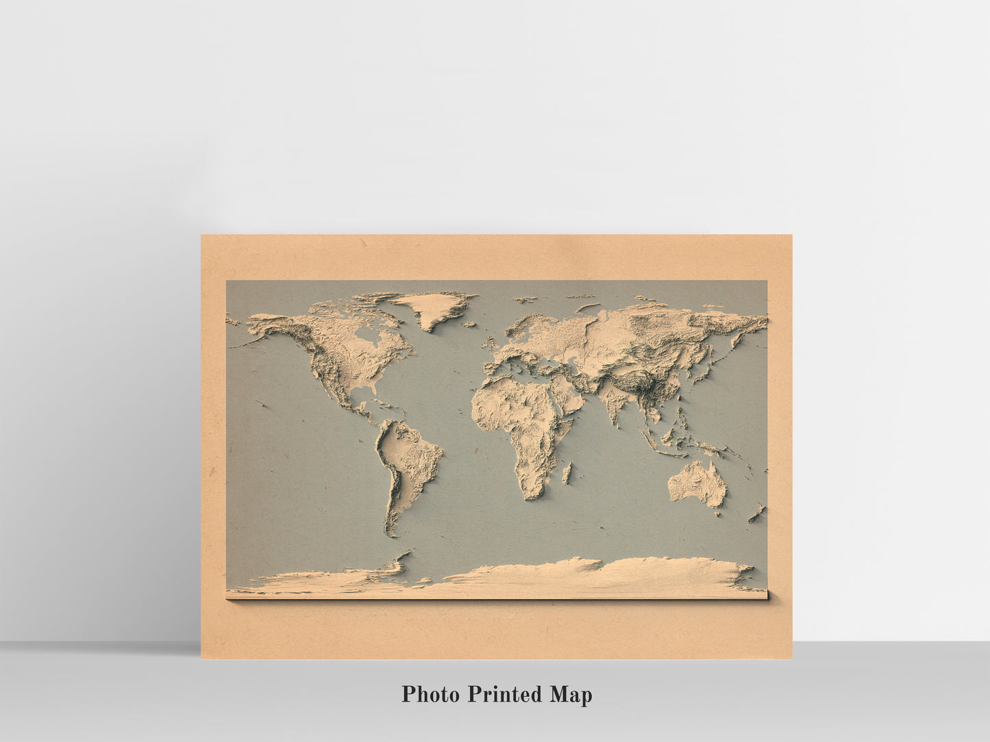 World Map in old style and blue ocean. Shaded relief print, highlighting topography. Ideal for home decor and geography lovers