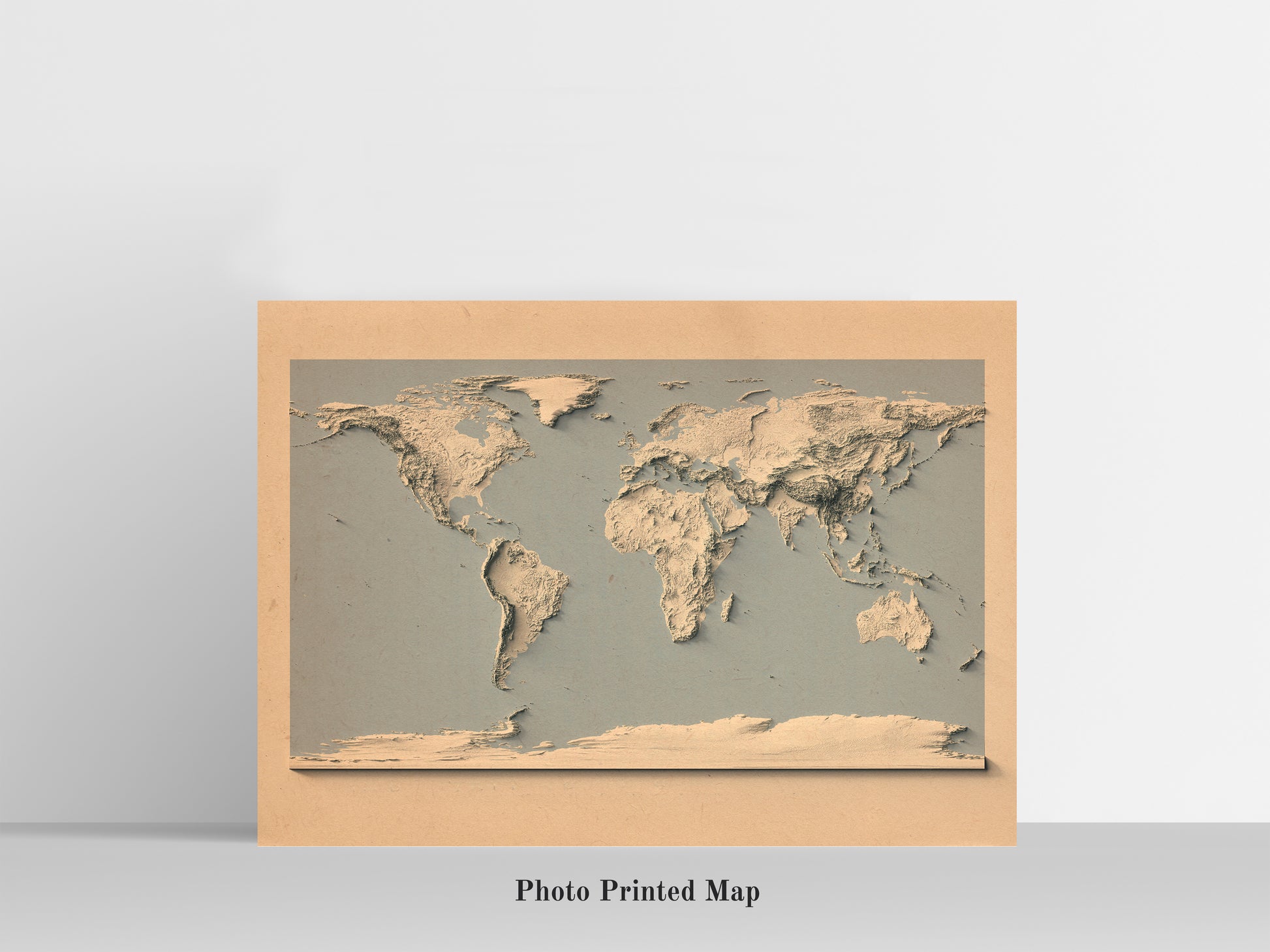 World Map in old style and blue ocean. Shaded relief print, highlighting topography. Ideal for home decor and geography lovers