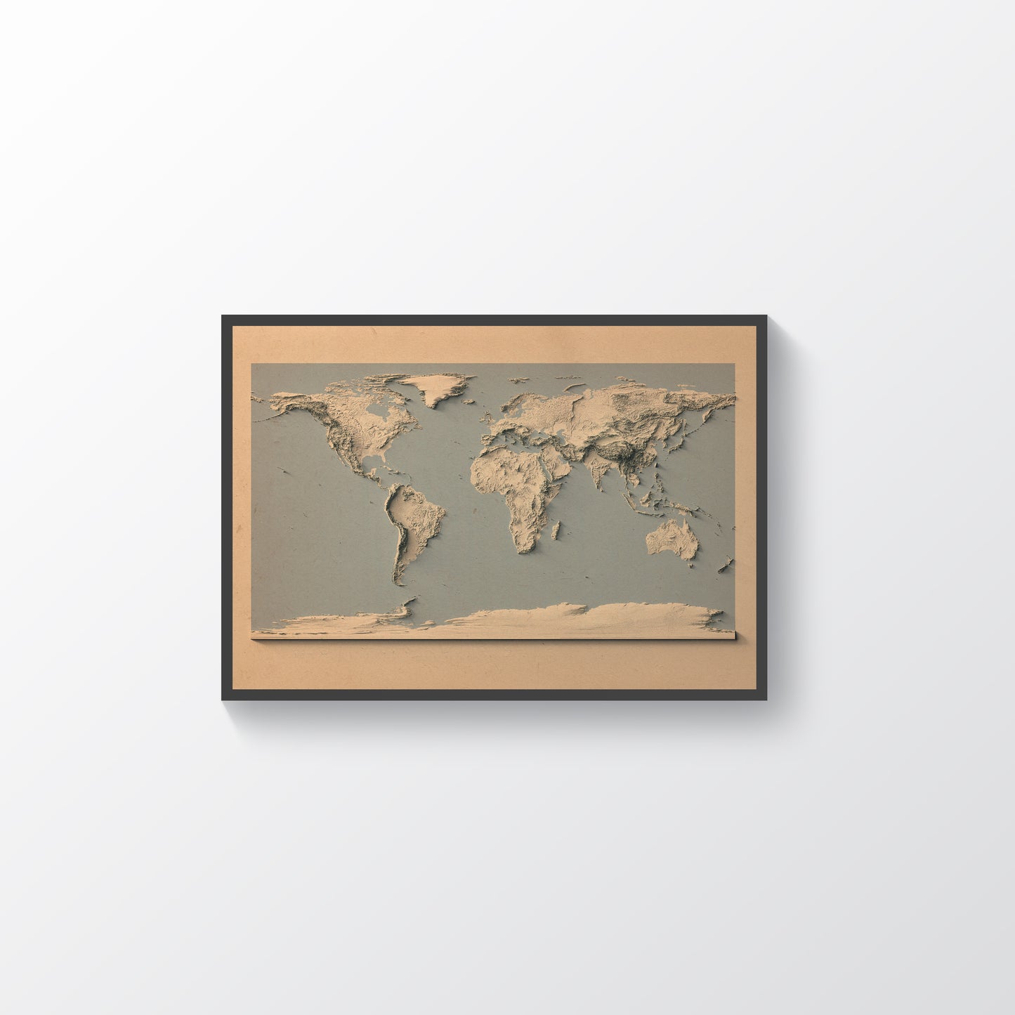 World vintage framed shaded relief map and blue ocean in black frame. Artistic print highlighting mountains with a realistic terrain effect