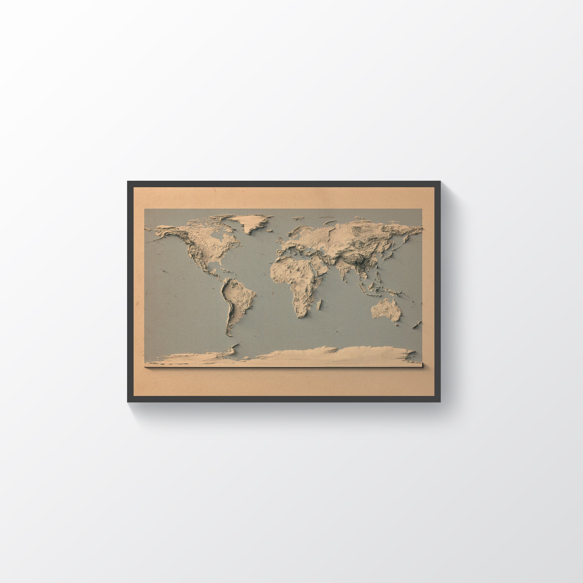 World vintage framed shaded relief map and blue ocean in black frame. Artistic print highlighting mountains with a realistic terrain effect