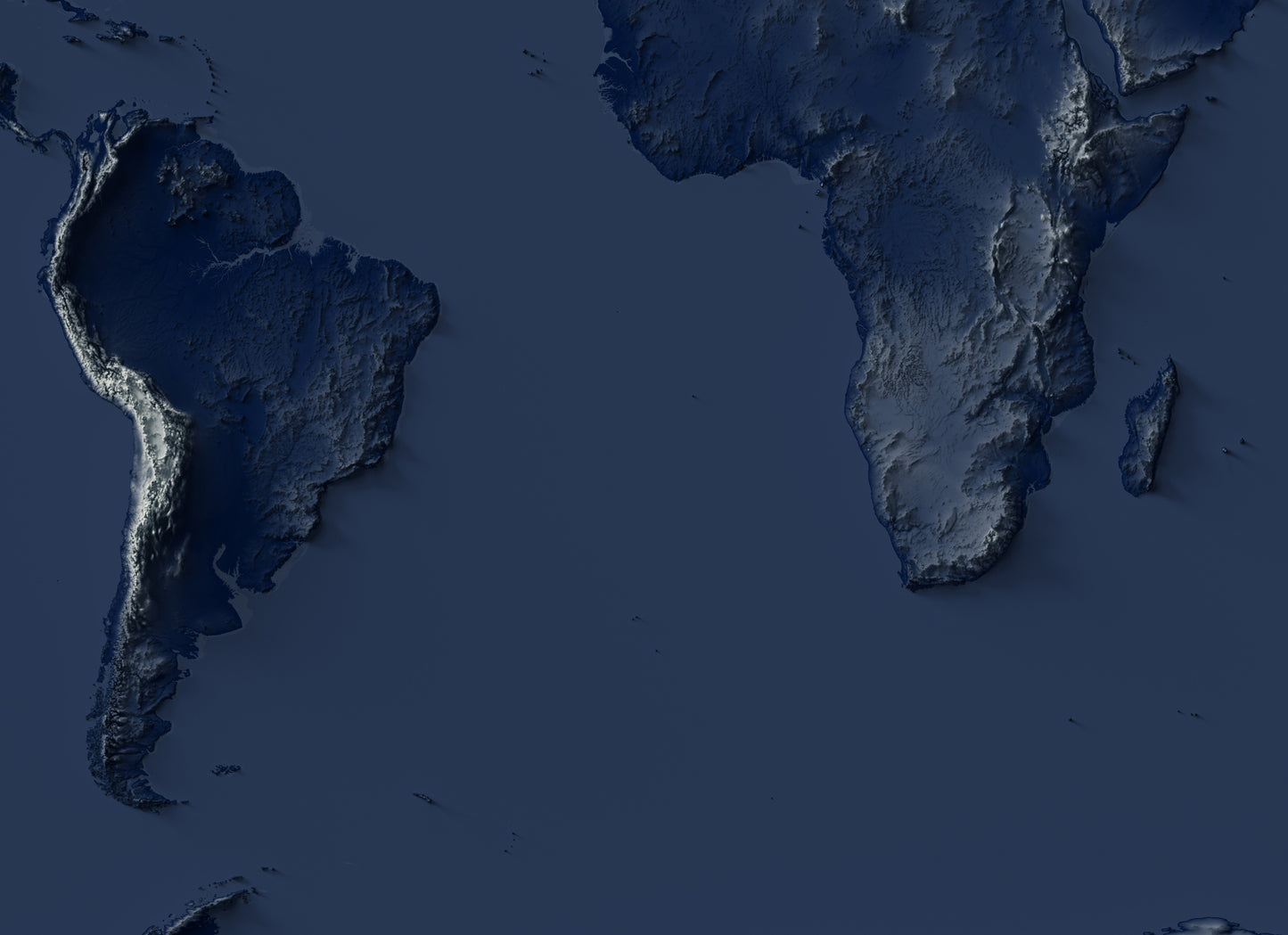 Detailed close-up of a World relief map with dark tones, highlighting high points