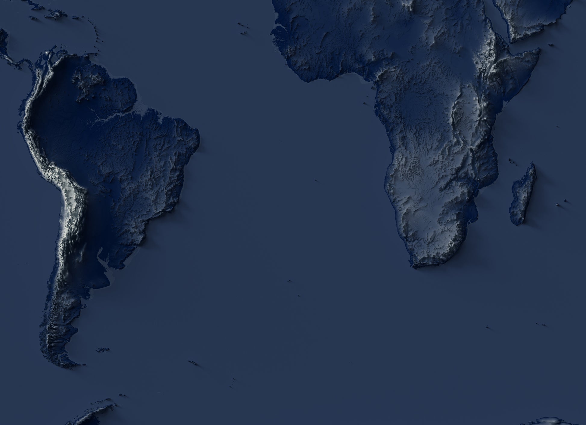 Detailed close-up of a World relief map with dark tones, highlighting high points