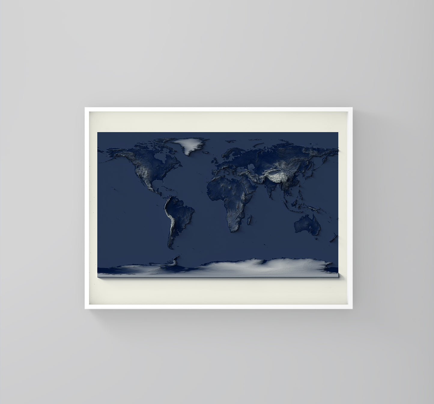 World framed shaded relief map with dark tones in white frame. Artistic print highlighting mountains with a realistic 3d effect