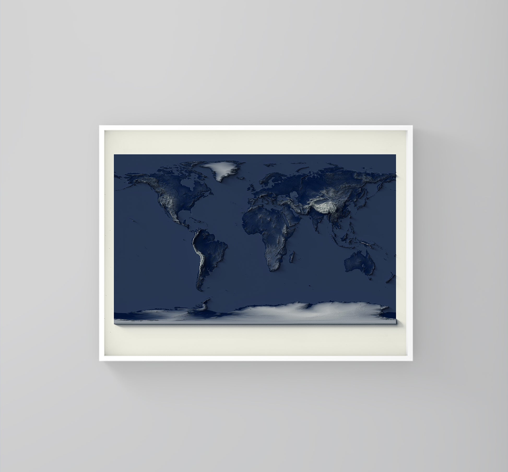 World framed shaded relief map with dark tones in white frame. Artistic print highlighting mountains with a realistic 3d effect