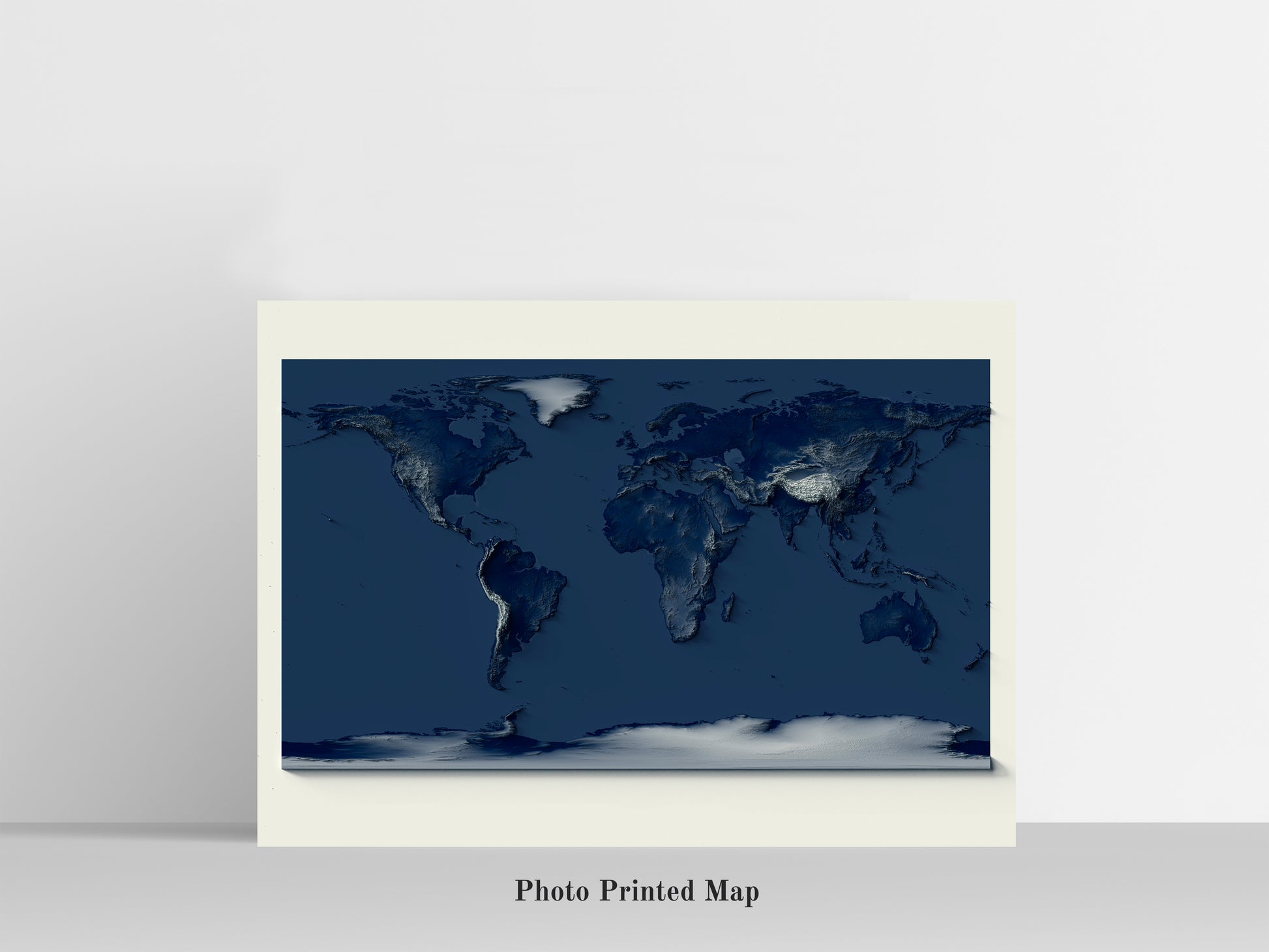 World Map with dark tones. Shaded relief print, highlighting topography. Ideal for home decor and geography lovers