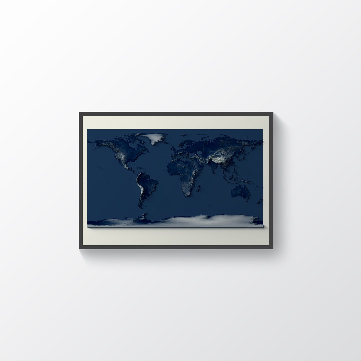 World framed shaded relief map with dark tones in black frame. Artistic print highlighting mountains with a realistic terrain effect